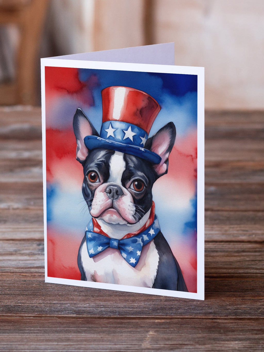 Boston Terrier Patriotic American Greeting Cards Pack of 8 Blank Cards with Envelopes Whimsical A7 Size 5x7