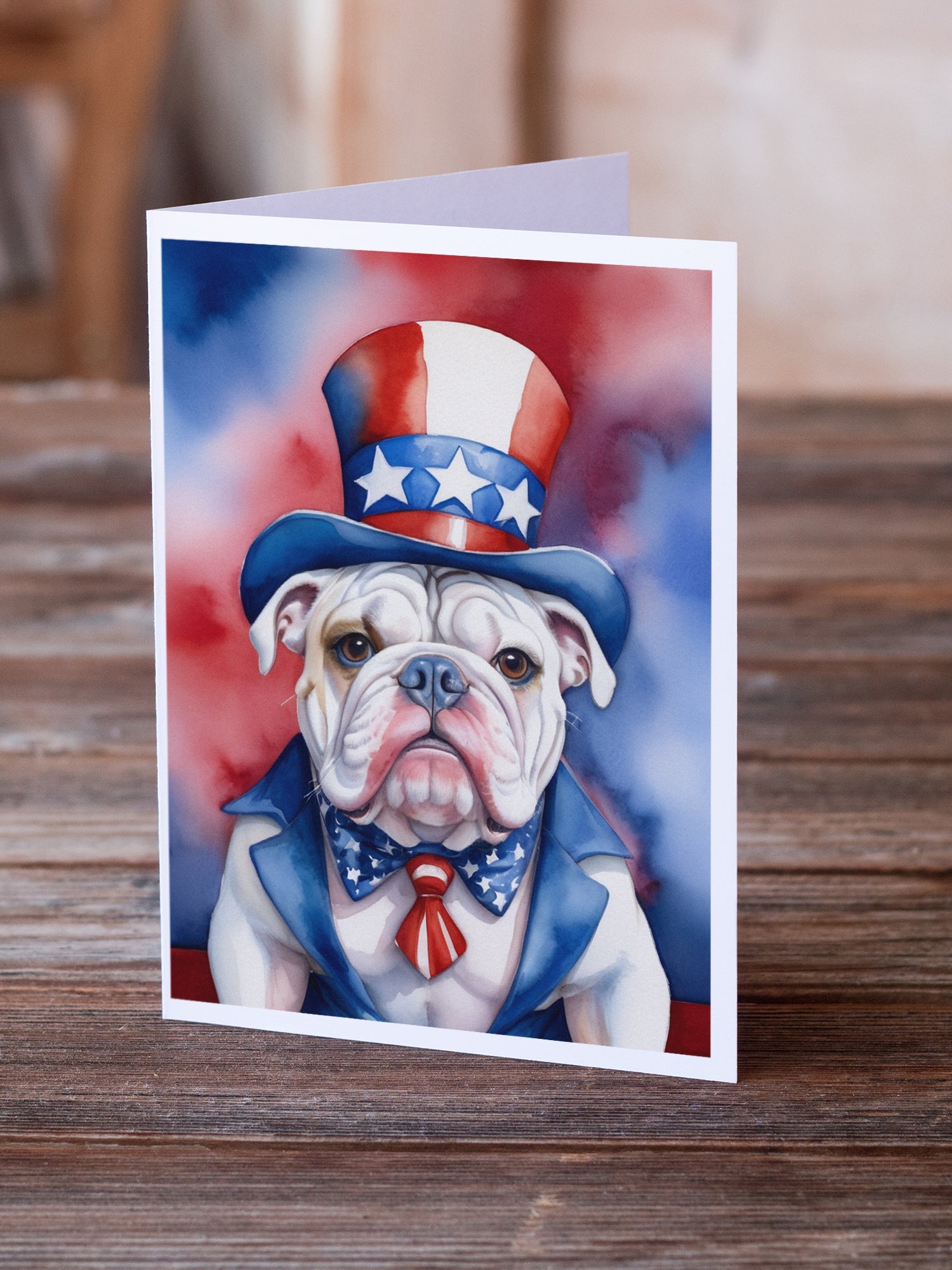 English Bulldog Patriotic American Greeting Cards Pack of 8 Blank Cards with Envelopes Whimsical A7 Size 5x7