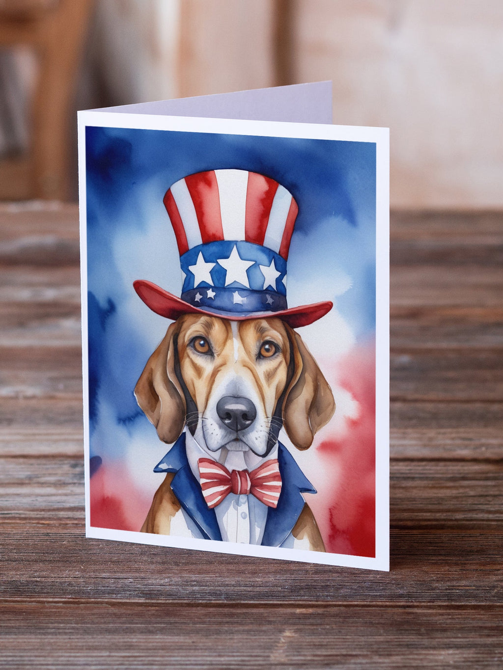 English Foxhound Patriotic American Greeting Cards Pack of 8 Blank Cards with Envelopes Whimsical A7 Size 5x7