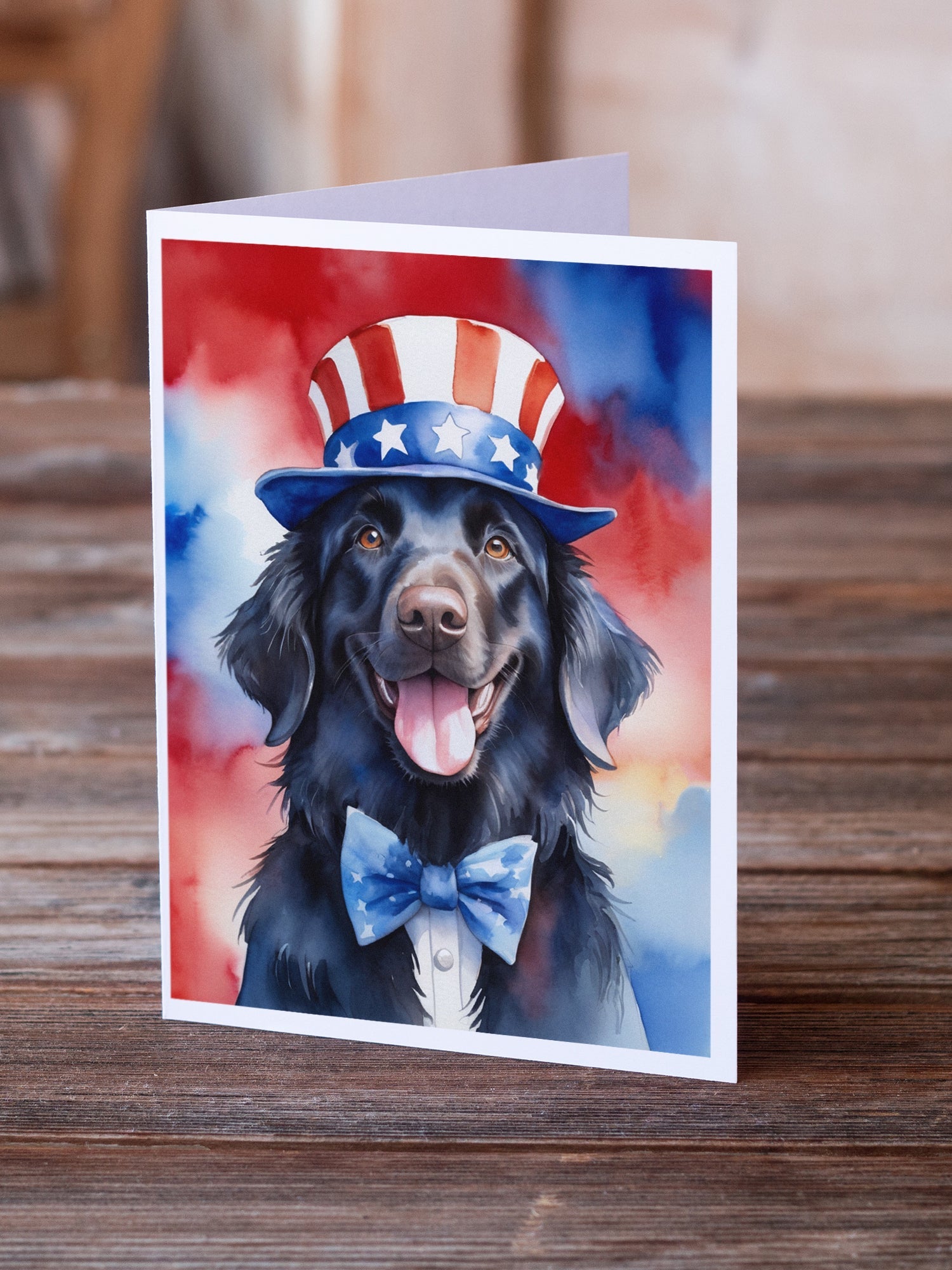 Flat-Coated Retriever Patriotic American Greeting Cards Pack of 8 Blank Cards with Envelopes Whimsical A7 Size 5x7