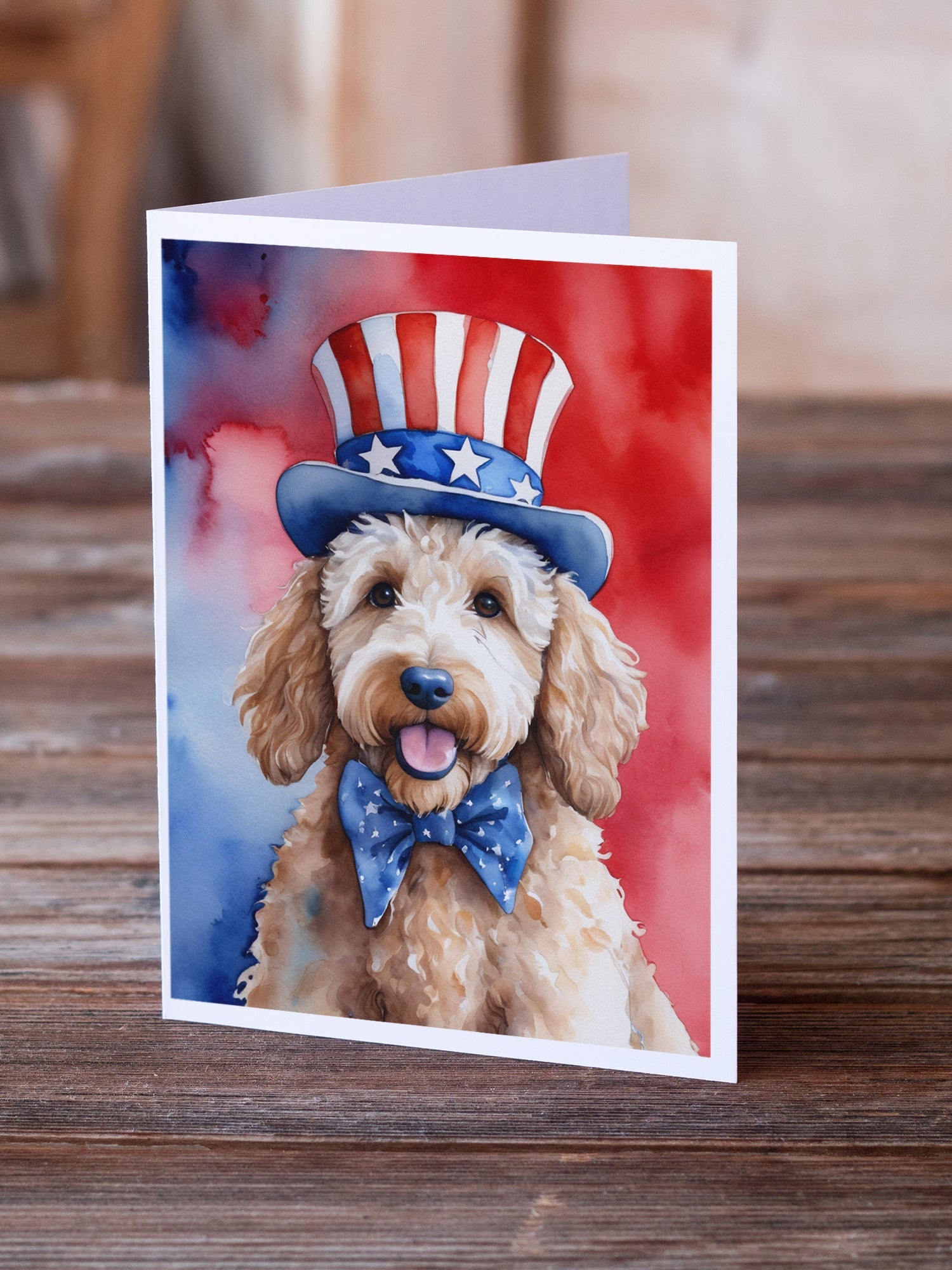Goldendoodle Patriotic American Greeting Cards Pack of 8 Blank Cards with Envelopes Whimsical A7 Size 5x7
