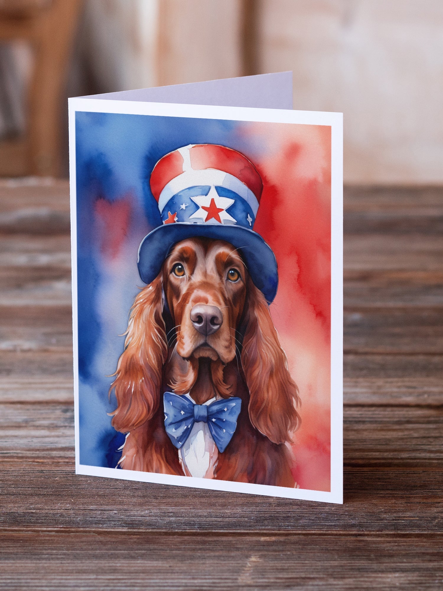 Irish Setter Patriotic American Greeting Cards Pack of 8 Blank Cards with Envelopes Whimsical A7 Size 5x7