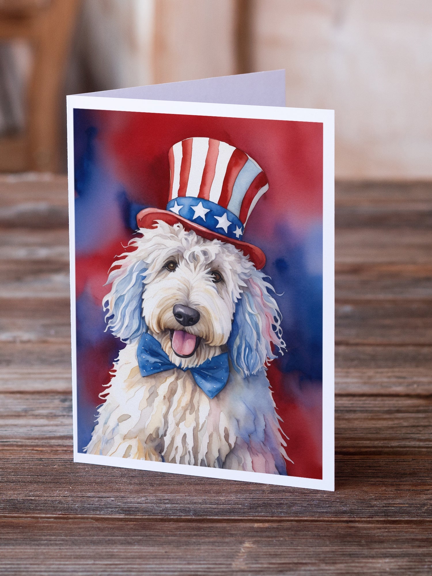 Komondor Patriotic American Greeting Cards Pack of 8 Blank Cards with Envelopes Whimsical A7 Size 5x7