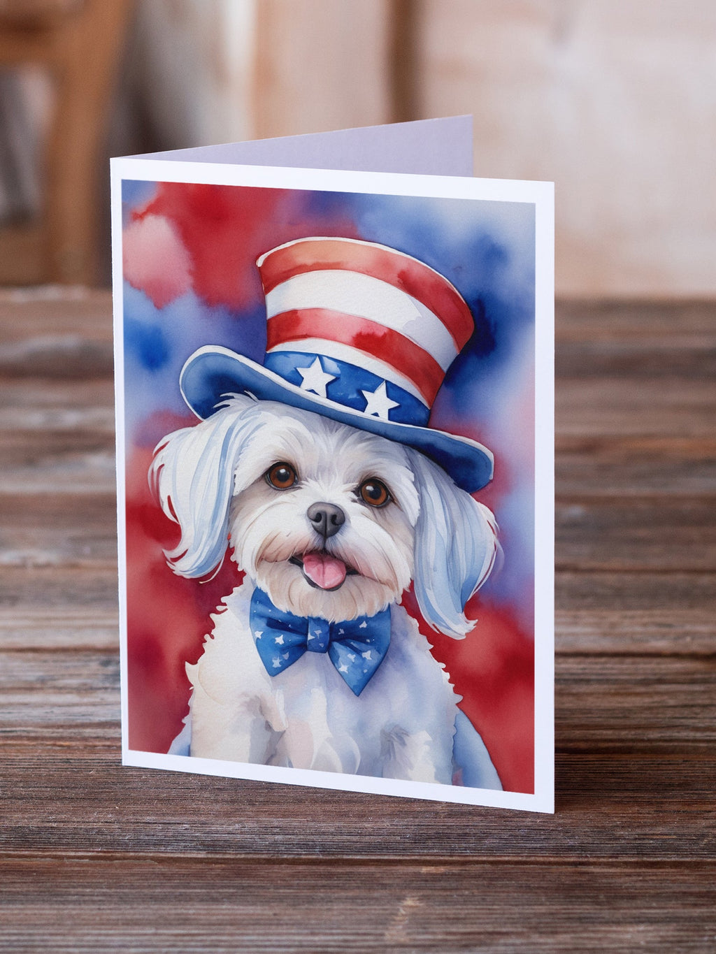 Maltese Patriotic American Greeting Cards Pack of 8 Blank Cards with Envelopes Whimsical A7 Size 5x7