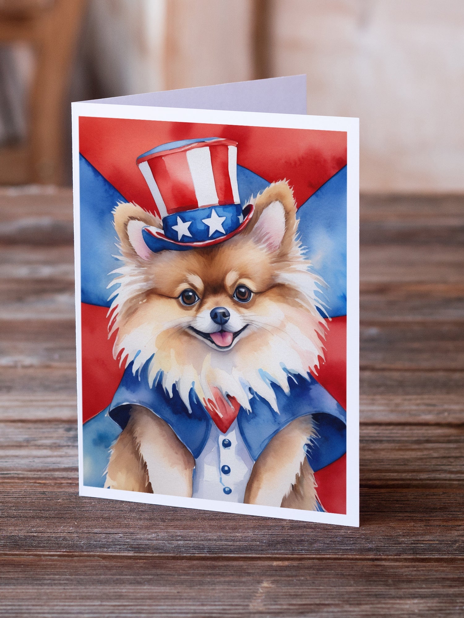 Pomeranian Patriotic American Greeting Cards Pack of 8 Blank Cards with Envelopes Whimsical A7 Size 5x7
