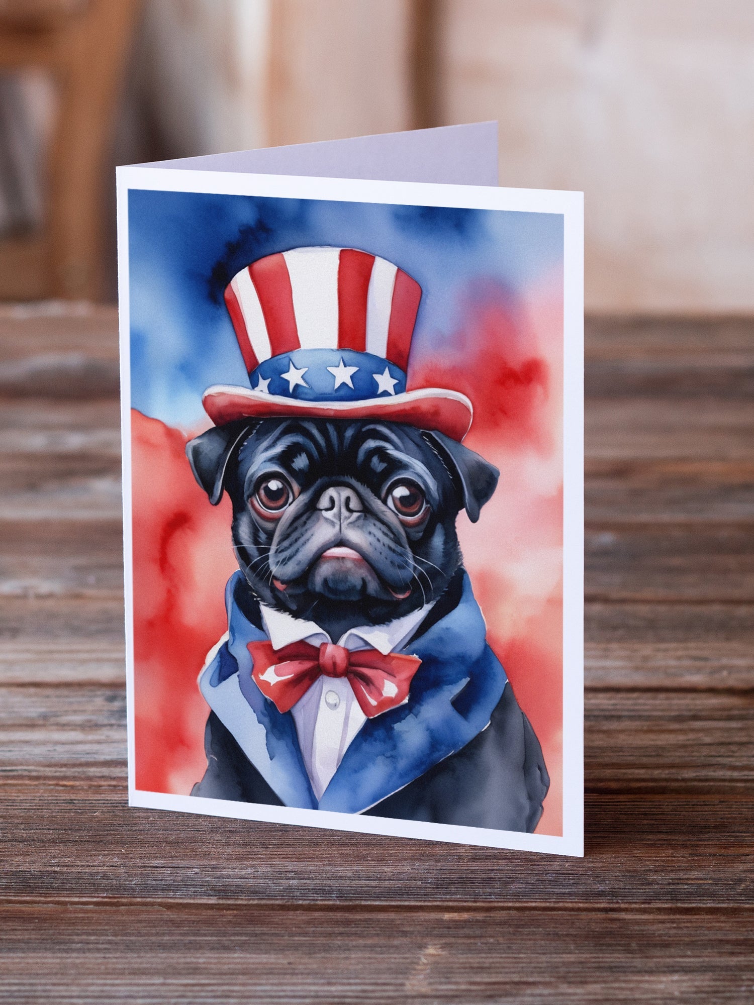 Pug Patriotic American Greeting Cards Pack of 8 Blank Cards with Envelopes Whimsical A7 Size 5x7
