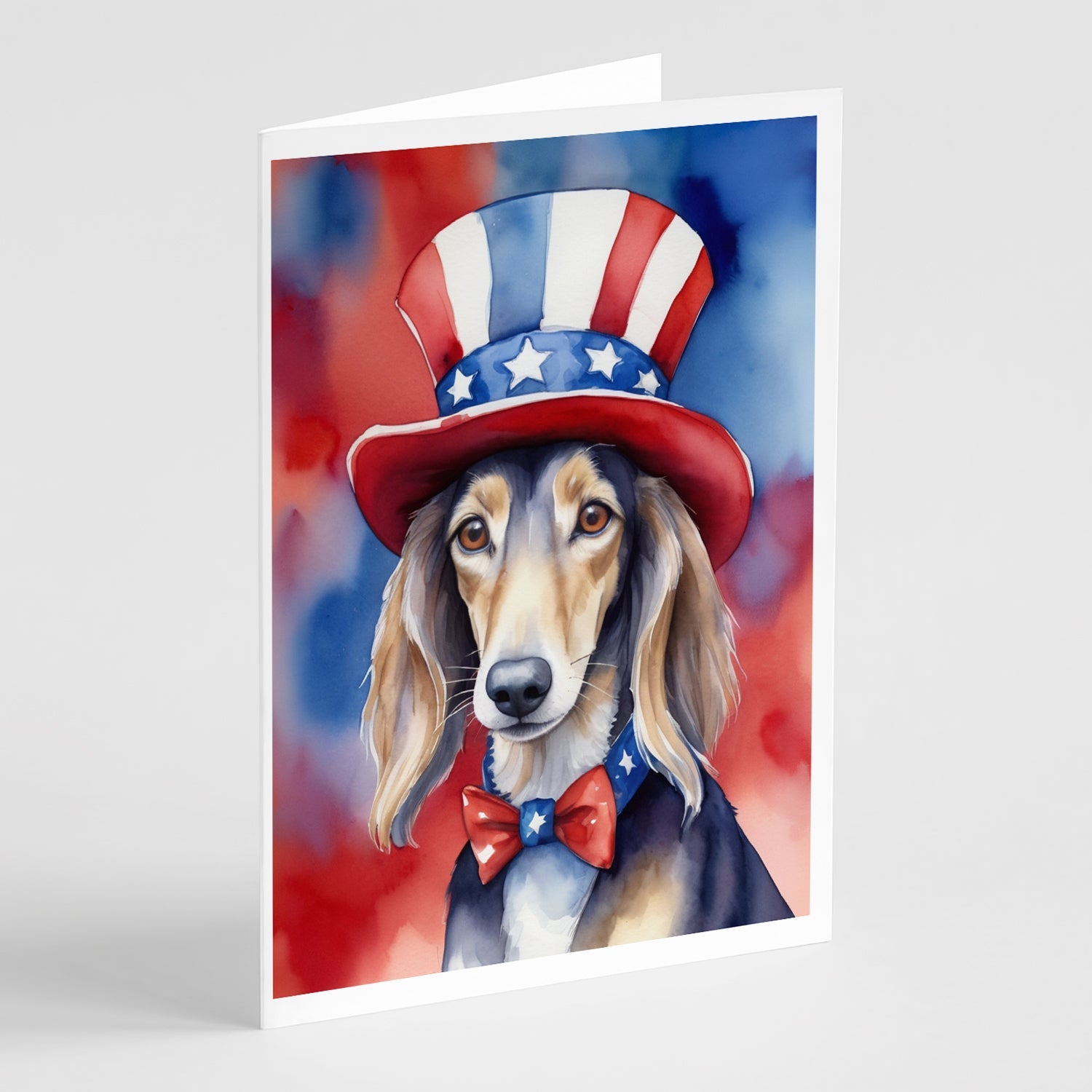 Saluki Patriotic American Greeting Cards Pack of 8 Blank Cards with Envelopes Whimsical A7 Size 5x7