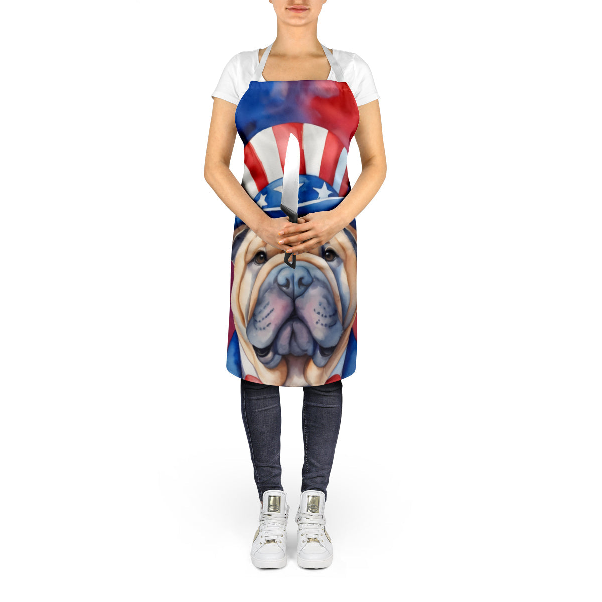 Shar Pei Patriotic American Apron Cooking Kitchen Server Baking Crafts Gardening for Adult Women Men, Unisex, Large, Multicolor