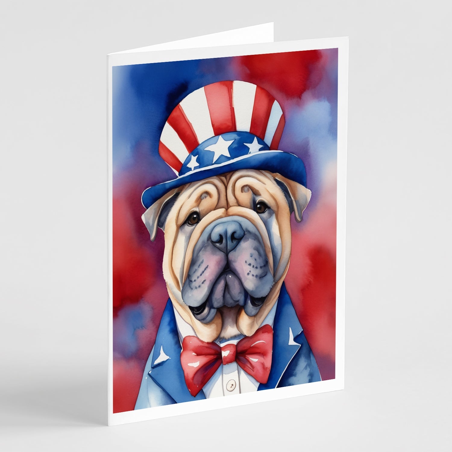 Shar Pei Patriotic American Greeting Cards Pack of 8 Blank Cards with Envelopes Whimsical A7 Size 5x7