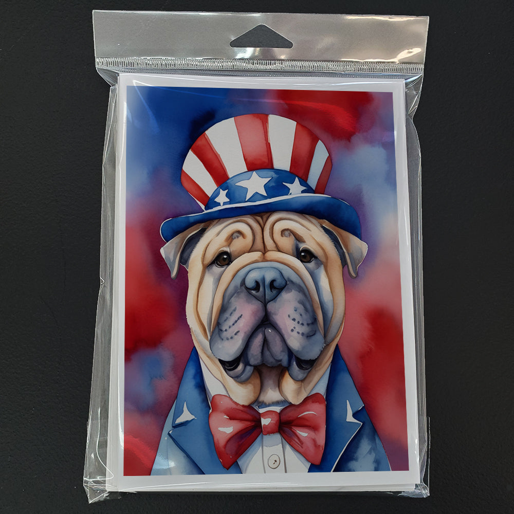 Shar Pei Patriotic American Greeting Cards Pack of 8 Blank Cards with Envelopes Whimsical A7 Size 5x7