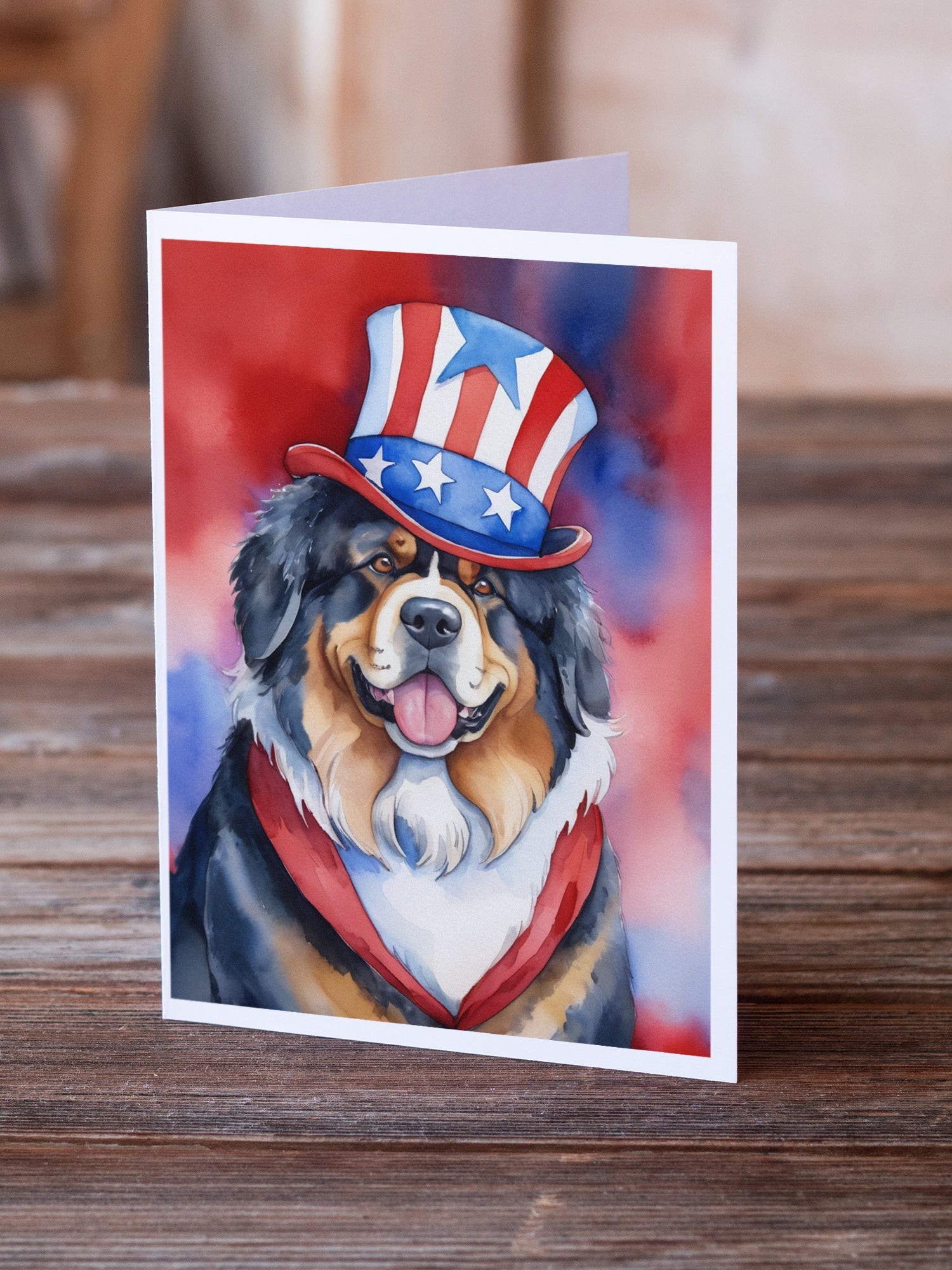 Tibetan Mastiff Patriotic American Greeting Cards Pack of 8 Blank Cards with Envelopes Whimsical A7 Size 5x7