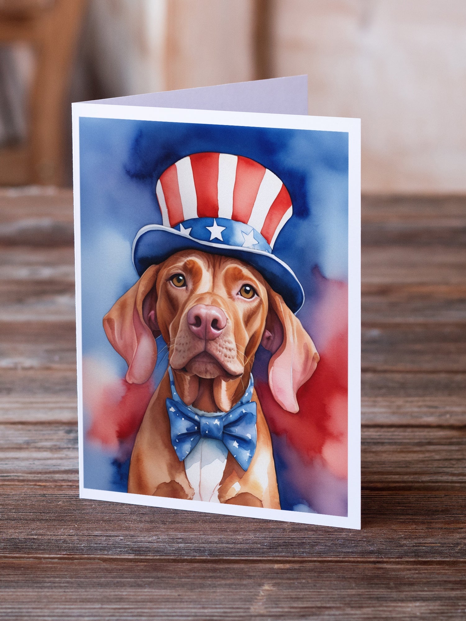 Vizsla Patriotic American Greeting Cards Pack of 8 Blank Cards with Envelopes Whimsical A7 Size 5x7