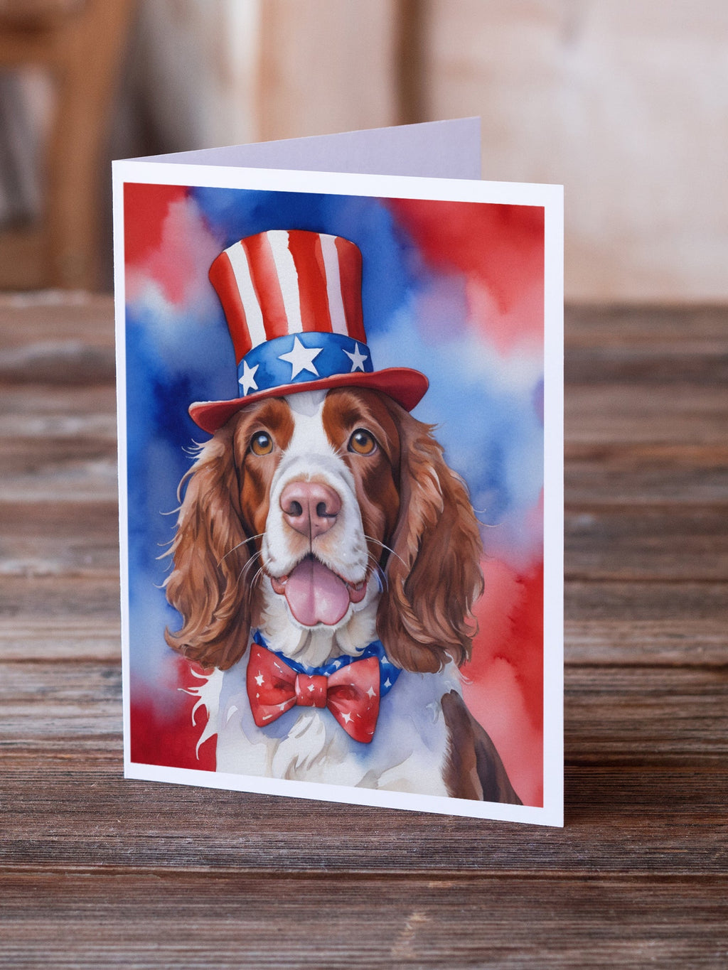 Welsh Springer Spaniel Patriotic American Greeting Cards Pack of 8 Blank Cards with Envelopes Whimsical A7 Size 5x7