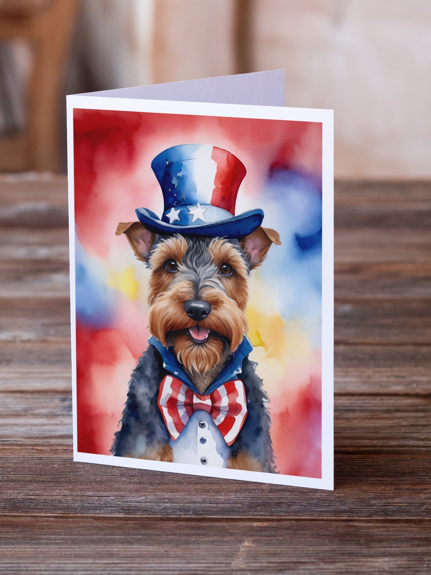 Welsh Terrier Patriotic American Greeting Cards Pack of 8 Blank Cards with Envelopes Whimsical A7 Size 5x7