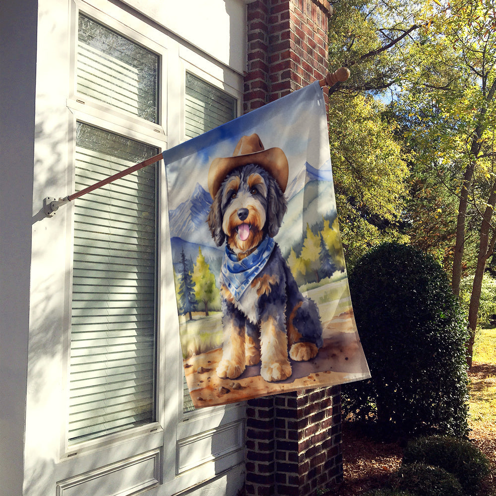 Bernedoodle Cowboy Welcome House Flag 28x40 Porch Sleeve Pole Decorative Outside Yard Banner Artwork Wall Hanging, Polyester