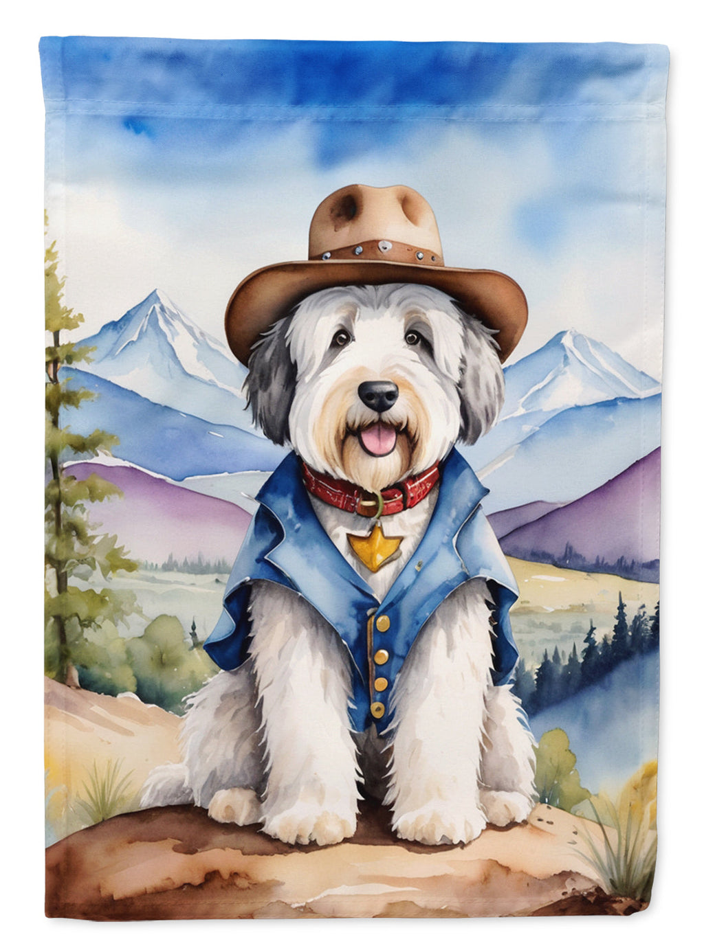 Old English Sheepdog Cowboy Welcome House Flag 28x40 Porch Sleeve Pole Decorative Outside Yard Banner Artwork Wall Hanging, Polyester
