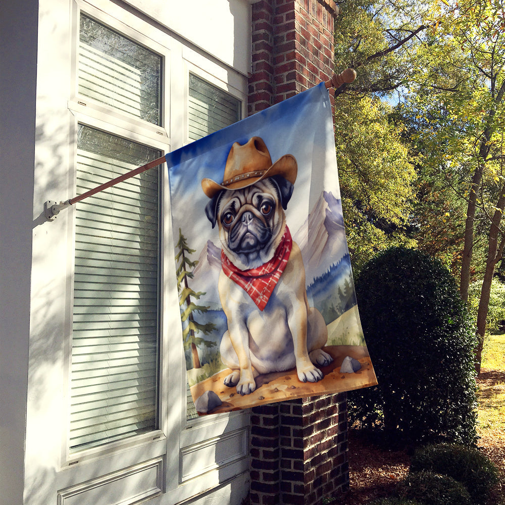 Pug Cowboy Welcome House Flag 28x40 Porch Sleeve Pole Decorative Outside Yard Banner Artwork Wall Hanging, Polyester