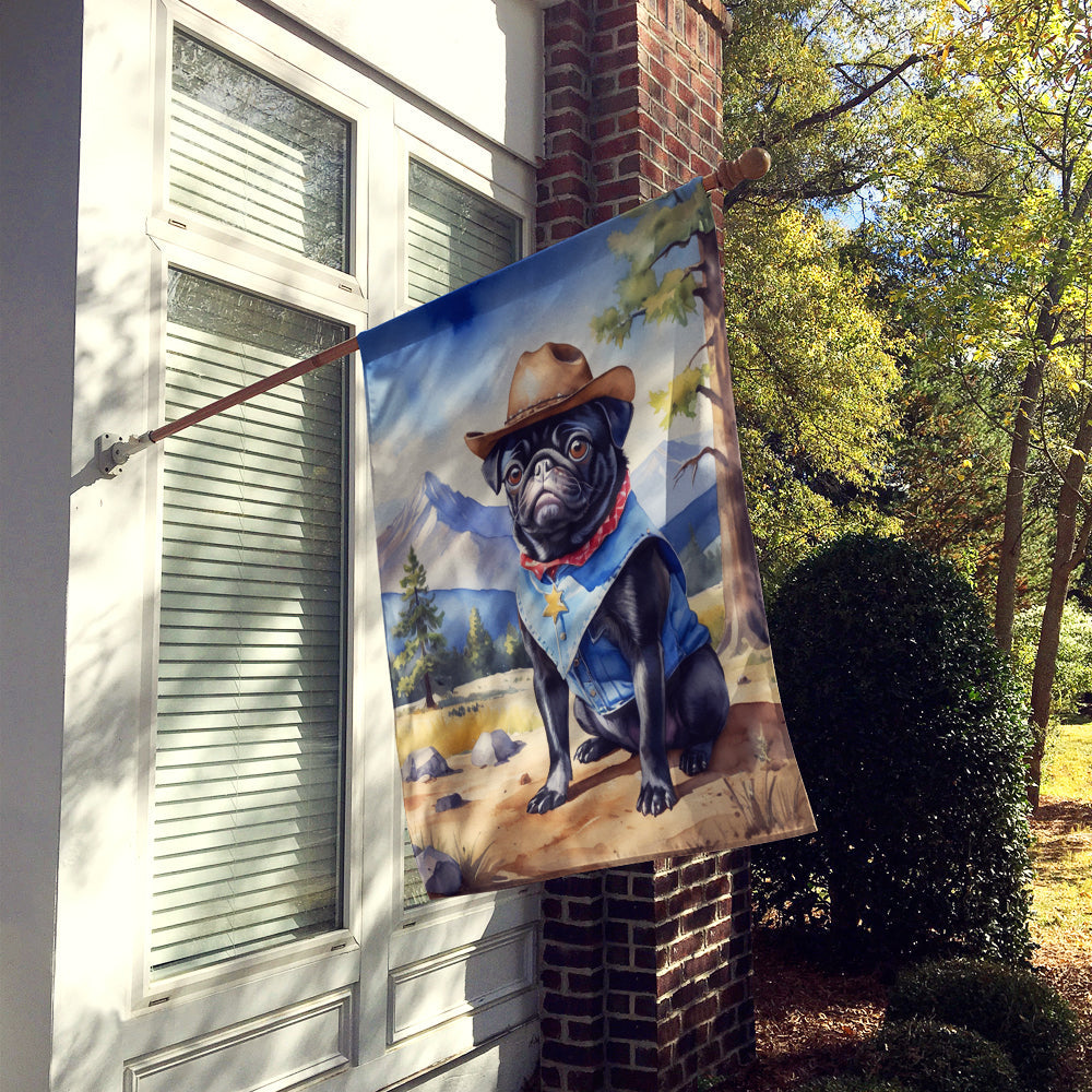 Pug Cowboy Welcome House Flag 28x40 Porch Sleeve Pole Decorative Outside Yard Banner Artwork Wall Hanging, Polyester