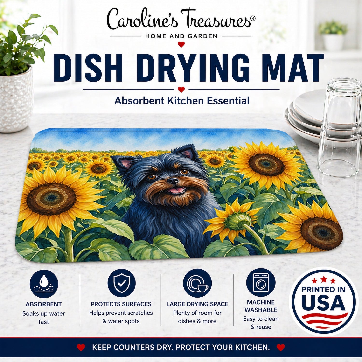 Affenpinscher in Sunflowers Dish Drying Mat Absorbent Dish Drying Mat Pad for Kitchen Counter Dish Drainer Mat for Countertop, 14 x 21", Multicolor