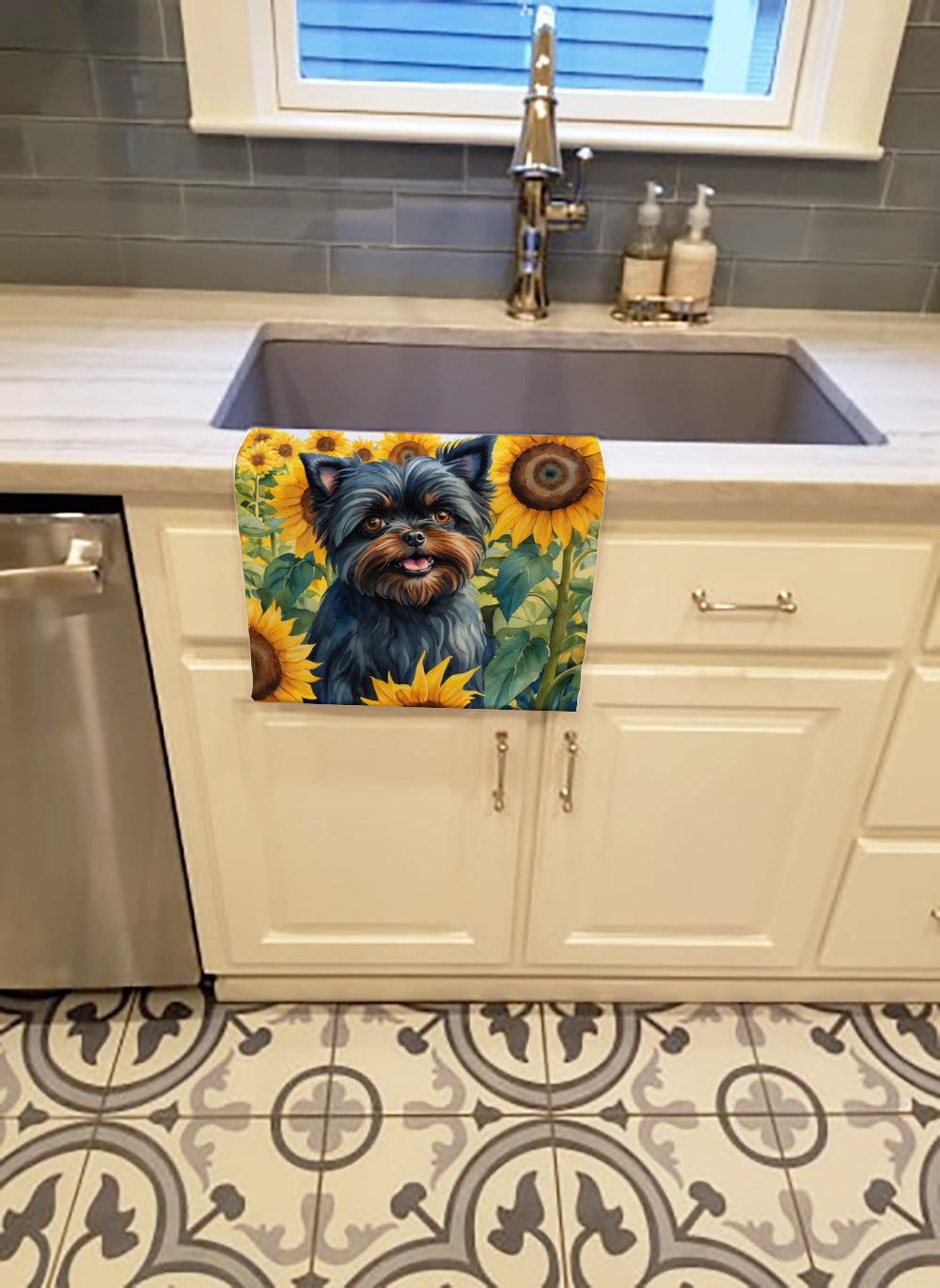 Affenpinscher in Sunflowers Kitchen Towel Velour Plush Front and Cotton Loop Back Machine Washable