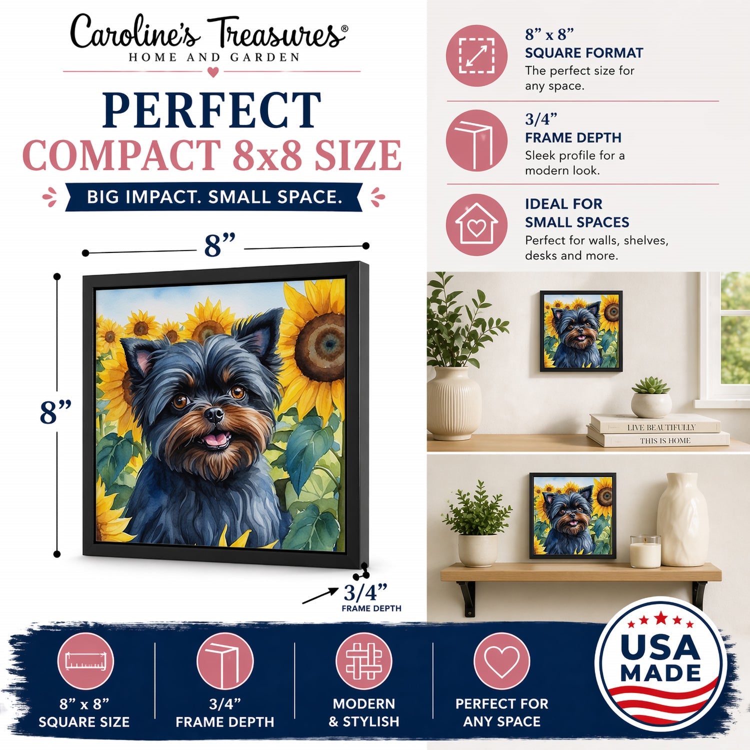 Affenpinscher in Sunflowers Framed Metal Print Bathroom, Kitchen, Office, Home Decor Wall Art Ready to Hang, Square, 8X8