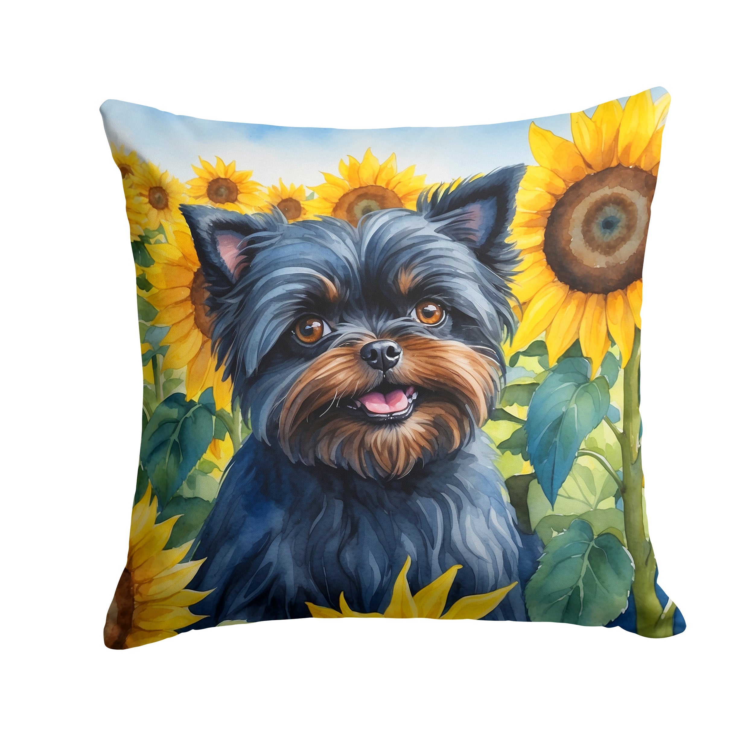 Affenpinscher in Sunflowers Decorative Throw Pillow 14x14 Indoor Outdoor Accent Cushion, Fabric Cover with Insert for Sofa, Bed, Porch & Living Room