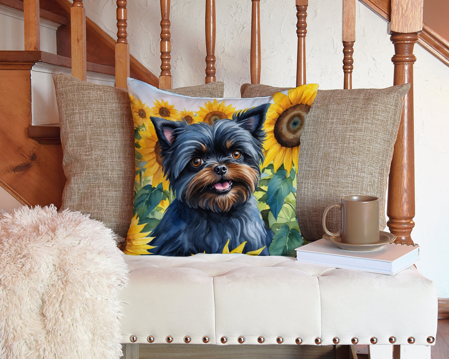 Affenpinscher in Sunflowers Decorative Throw Pillow 14x14 Indoor Outdoor Accent Cushion, Fabric Cover with Insert for Sofa, Bed, Porch & Living Room