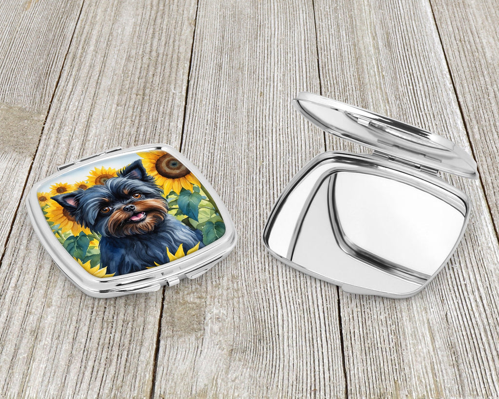 Affenpinscher in Sunflowers Compact Mirror Decorative Travel Makeup Mirror for Women Girls Gifts Pocket Makeup Mirror Folding Handheld