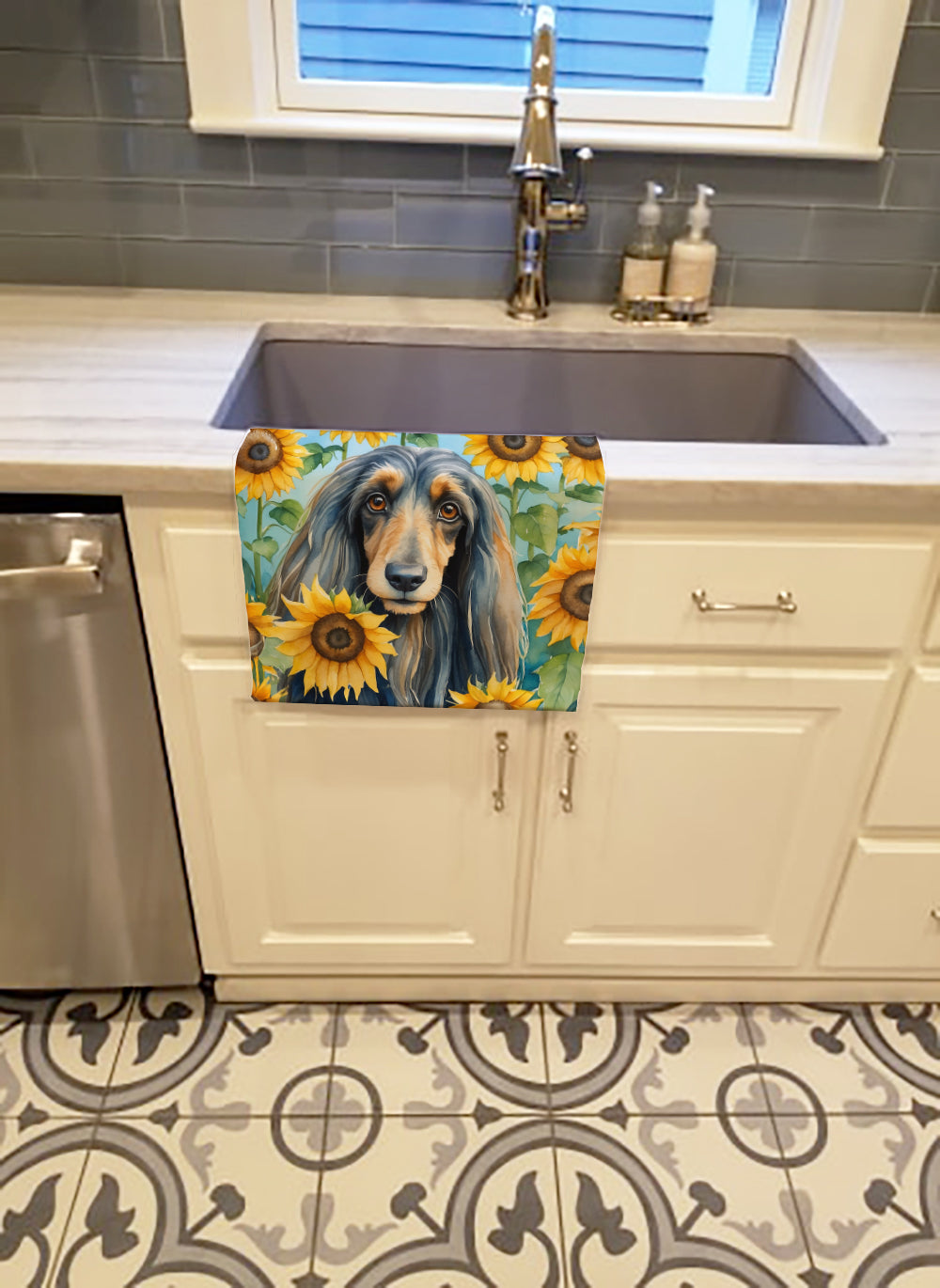 Afghan Hound in Sunflowers Kitchen Towel Velour Plush Front and Cotton Loop Back Machine Washable