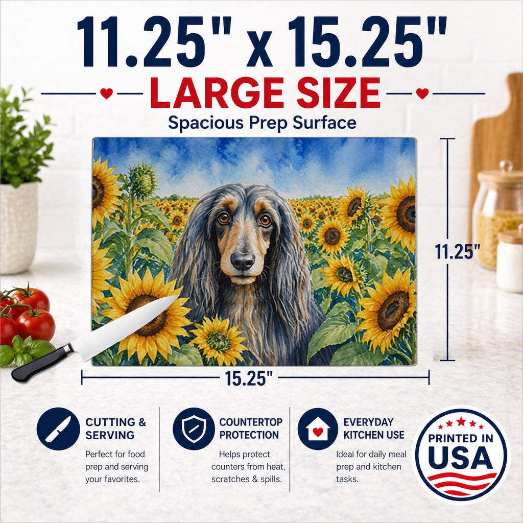 Afghan Hound in Sunflowers Cutting Board Tempered Glass Kitchen Cutting Surface, Heat Resistant Chopping Board with Non-Slip Feet, Decorative Food Prep & Serving