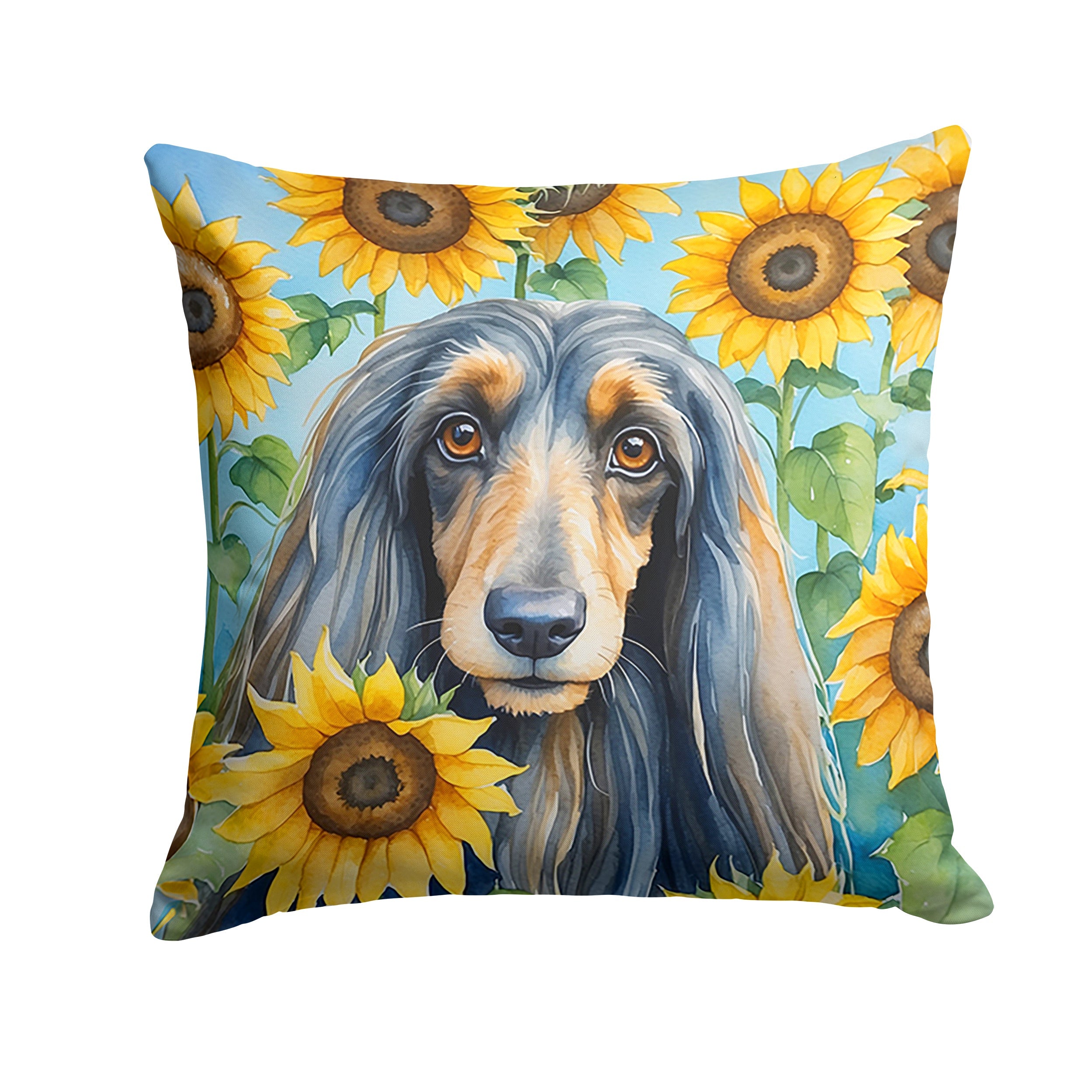 Afghan Hound in Sunflowers Decorative Throw Pillow 18x18 Indoor Outdoor Accent Cushion, Fabric Cover with Insert for Sofa, Bed, Porch & Living Room