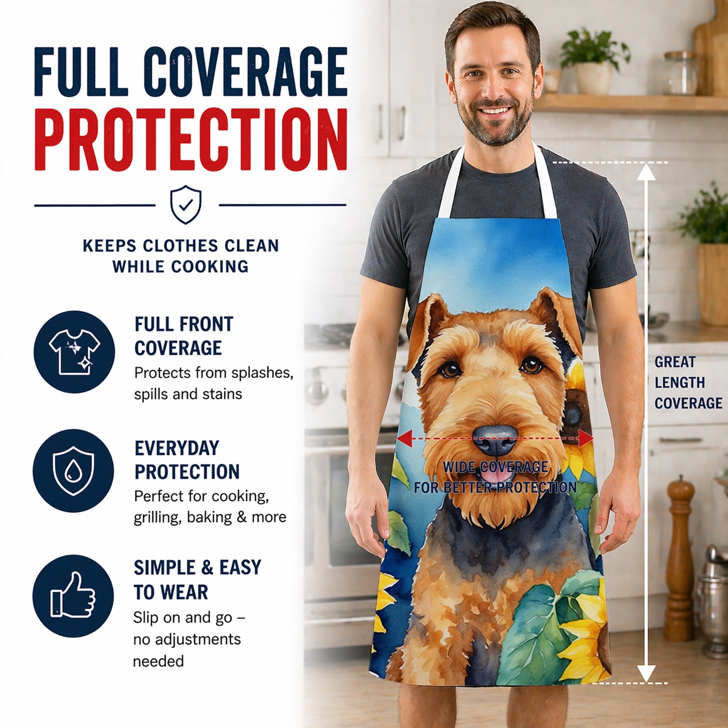 Airedale Terrier in Sunflowers Apron Cooking Kitchen Server Baking Crafts Gardening for Adult Women Men, Unisex, Large, Multicolor