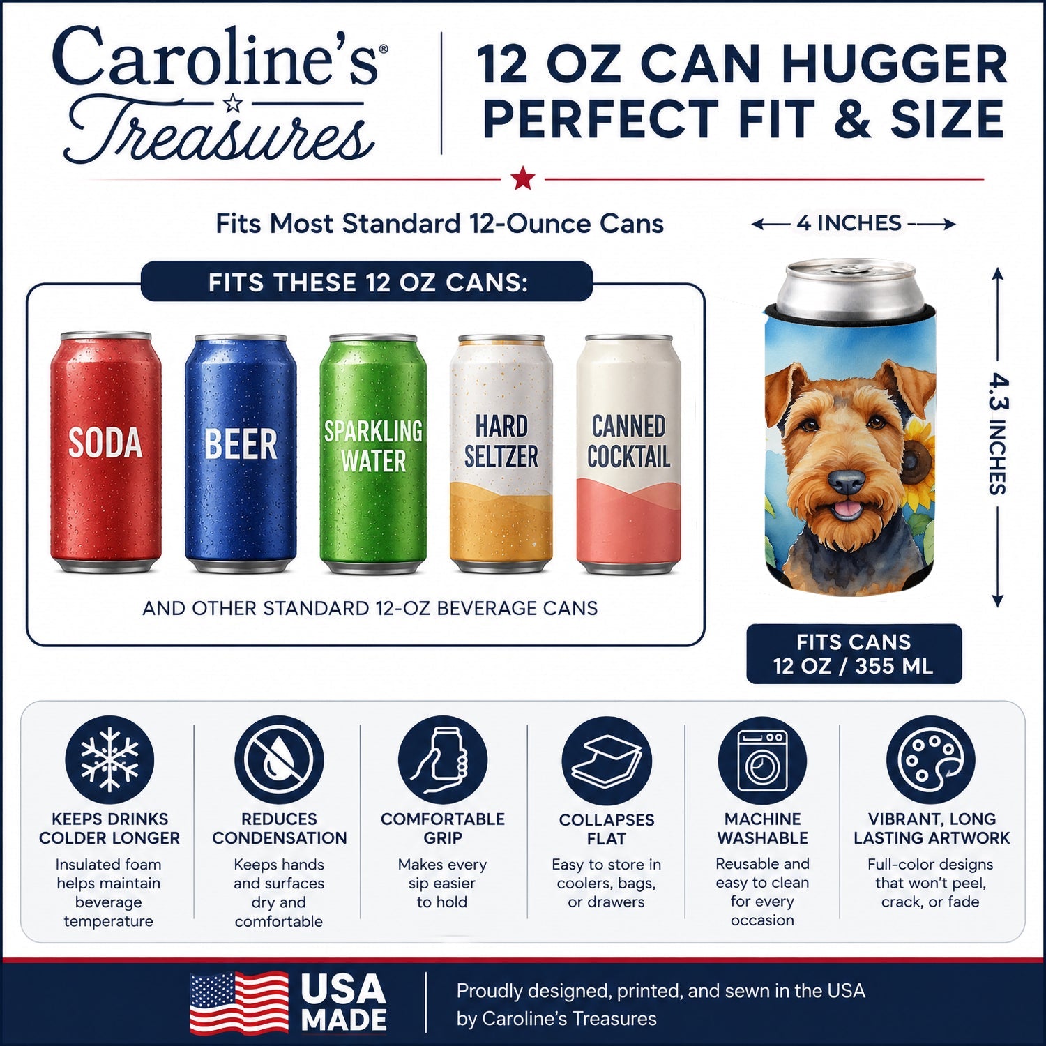 Airedale Terrier in Sunflowers Can or Bottle Hugger Cooler Sleeve for Standard 12 oz Cans, Insulated Foam Beer & Soda Can Hugger Reusable