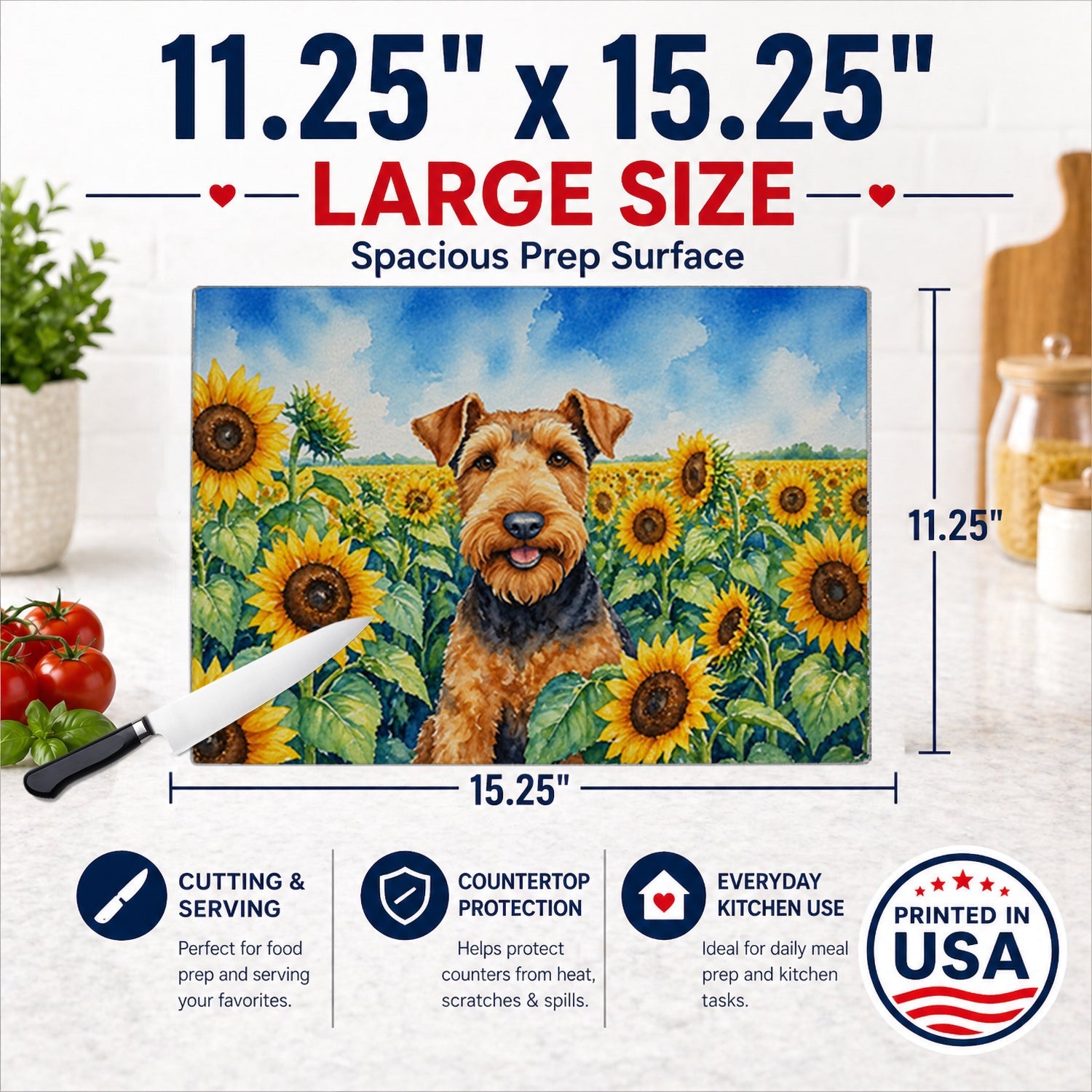 Airedale Terrier in Sunflowers Cutting Board Tempered Glass Kitchen Cutting Surface, Heat Resistant Chopping Board with Non-Slip Feet, Decorative Food Prep & Serving