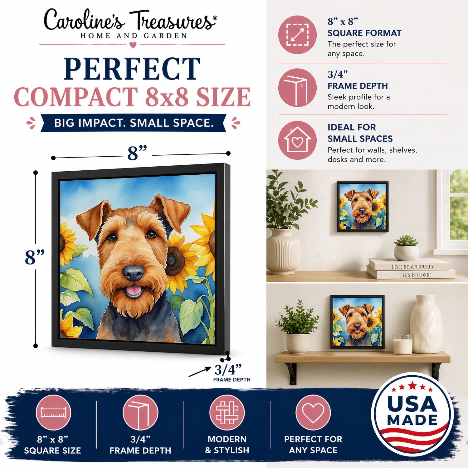 Airedale Terrier in Sunflowers Framed Metal Print Bathroom, Kitchen, Office, Home Decor Wall Art Ready to Hang, Square, 8X8