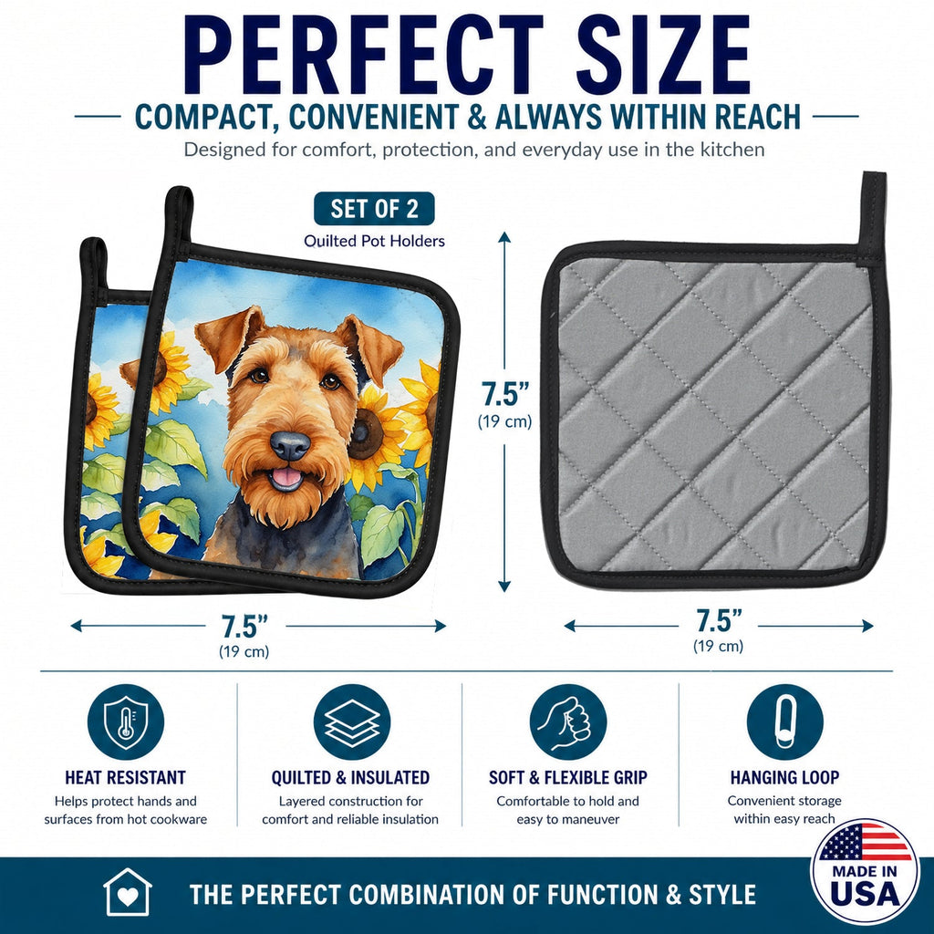 Airedale Terrier in Sunflowers Pot Holder Set of 2 Heat Resistant Quilted Hot Pads 7.5 x 7.5 Inch, Insulated Kitchen Trivets for Cooking & Baking