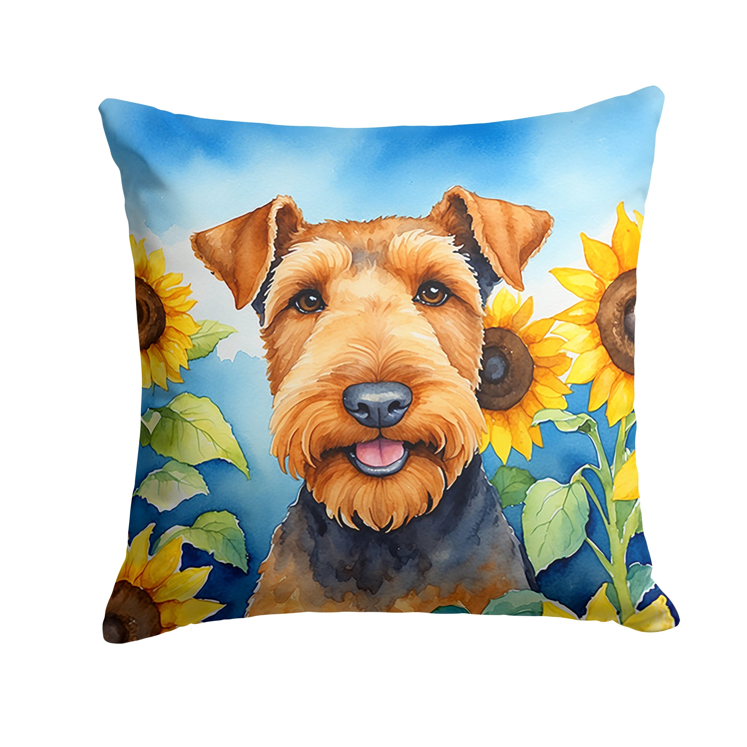 Airedale Terrier in Sunflowers Decorative Throw Pillow 14x14 Indoor Outdoor Accent Cushion, Fabric Cover with Insert for Sofa, Bed, Porch & Living Room