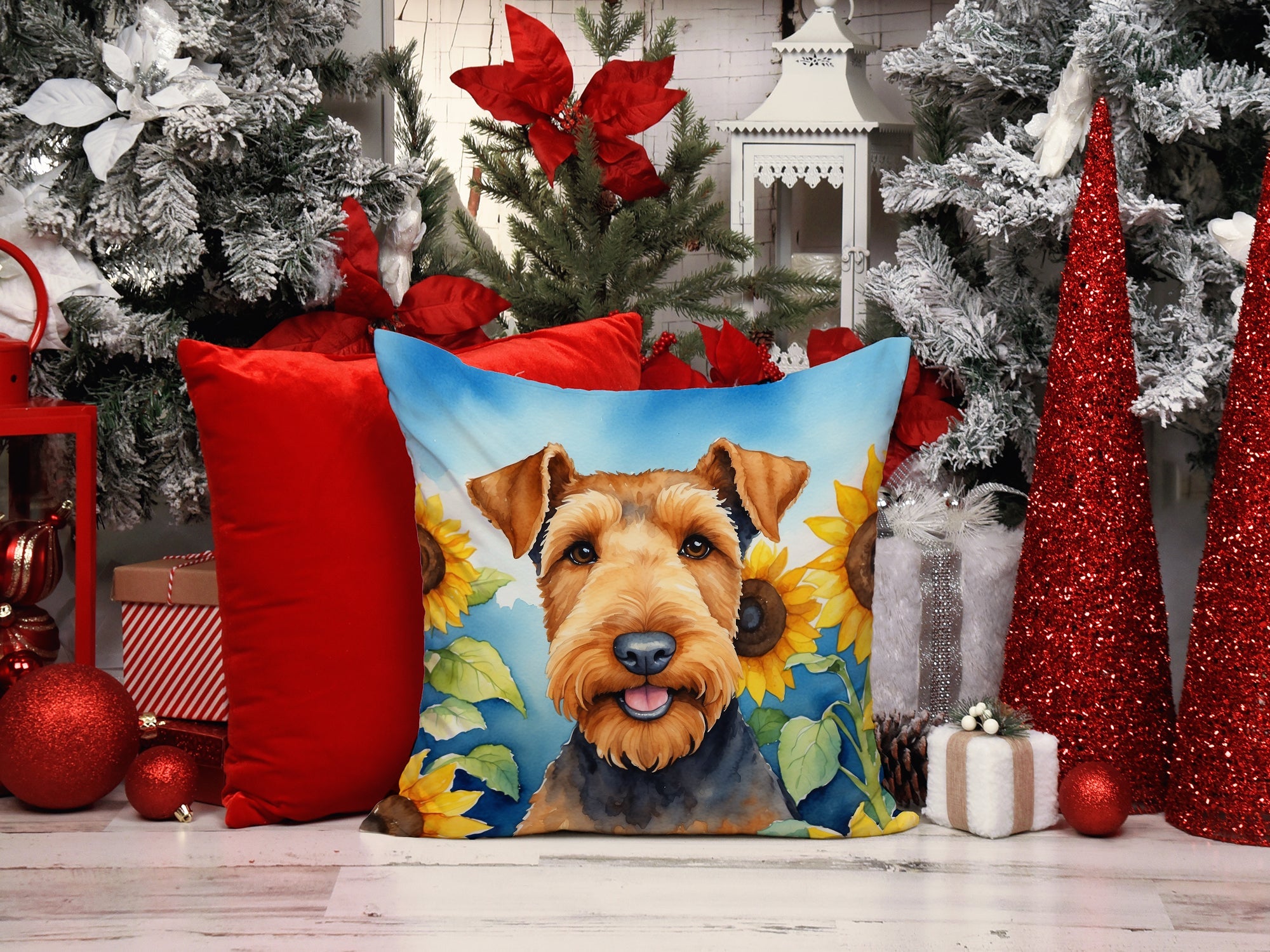 Airedale Terrier in Sunflowers Decorative Throw Pillow 14x14 Indoor Outdoor Accent Cushion, Fabric Cover with Insert for Sofa, Bed, Porch & Living Room