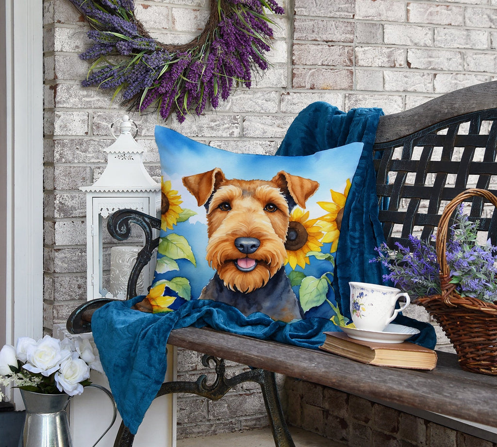 Airedale Terrier in Sunflowers Decorative Throw Pillow 18x18 Indoor Outdoor Accent Cushion, Fabric Cover with Insert for Sofa, Bed, Porch & Living Room