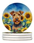 Airedale Terrier in Sunflowers Large Sandstone Coasters Pack of 4 Absorbent Round Coasters Decor Gifts for Men or Women, 4 in, Multicolor