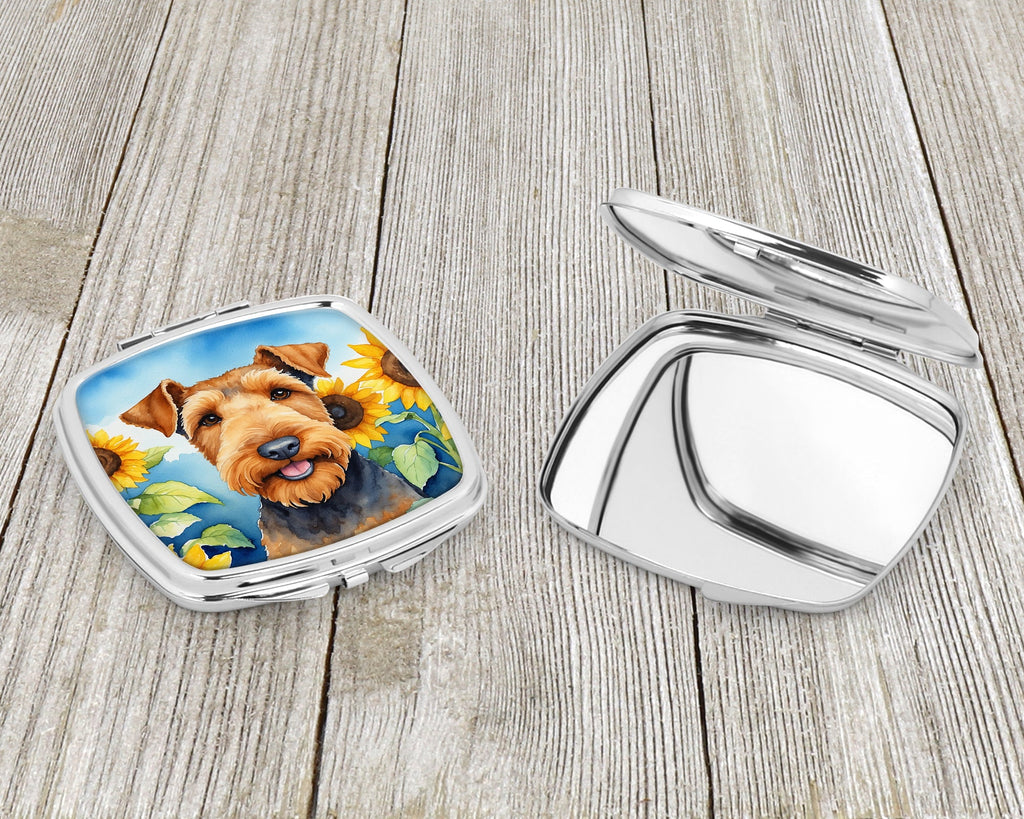 Airedale Terrier in Sunflowers Compact Mirror Decorative Travel Makeup Mirror for Women Girls Gifts Pocket Makeup Mirror Folding Handheld