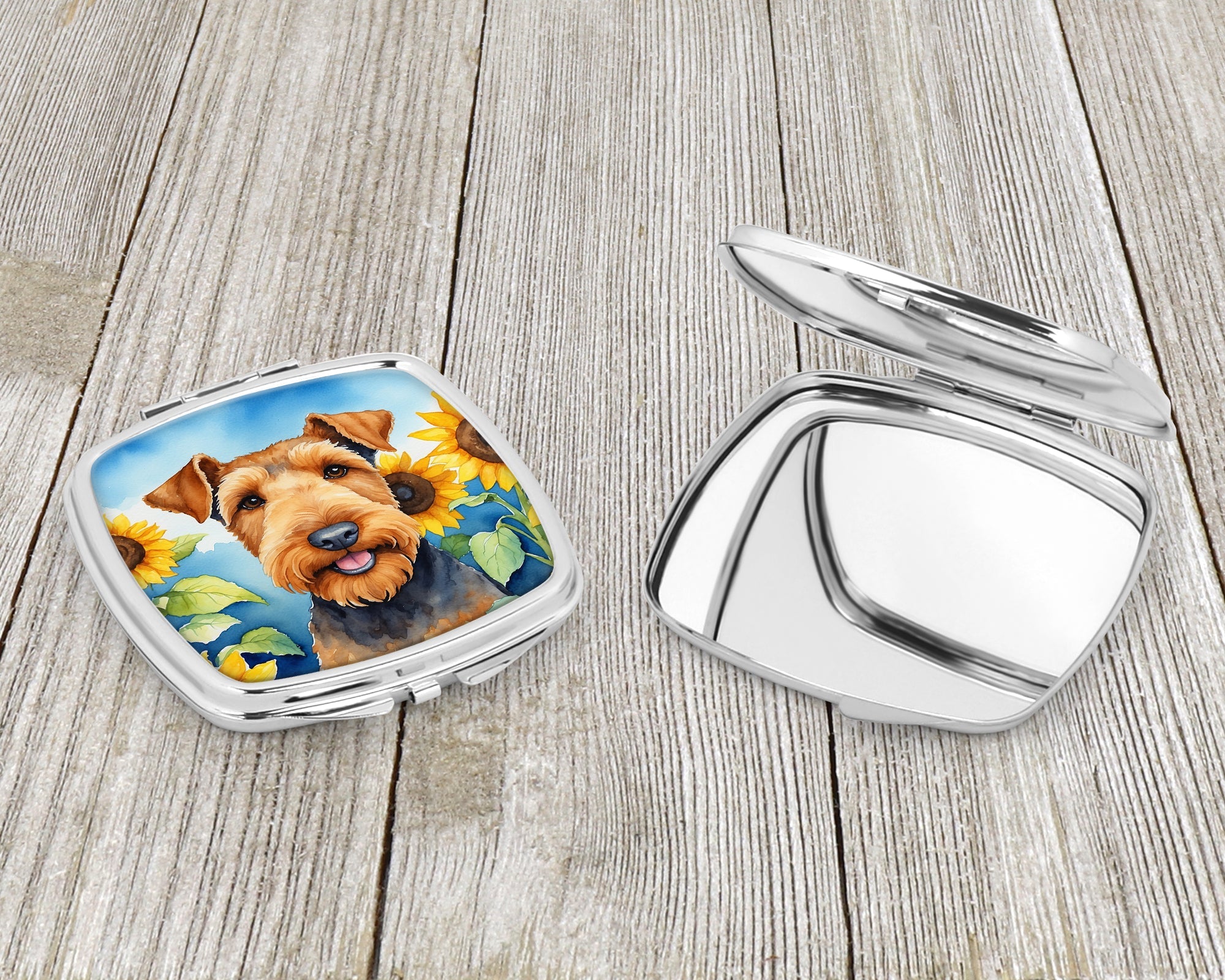 Airedale Terrier in Sunflowers Compact Mirror Decorative Travel Makeup Mirror for Women Girls Gifts Pocket Makeup Mirror Folding Handheld