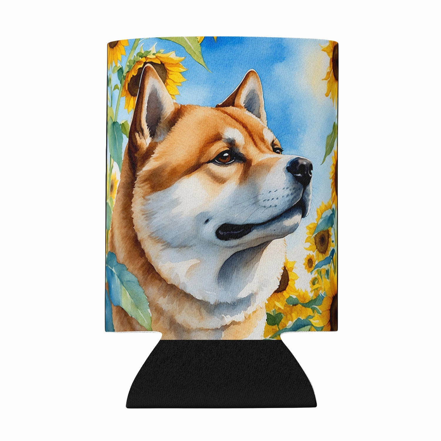Akita in Sunflowers Can or Bottle Hugger Cooler Sleeve for Standard 12 oz Cans, Insulated Foam Beer & Soda Can Hugger Reusable