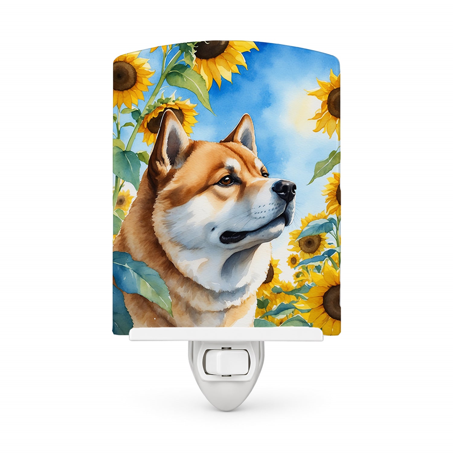 Akita in Sunflowers Ceramic Night Light Compact, UL-Certified, Ideal for Bedroom, Bathroom, Nursery, Hallway, Kitchen, 6x4x3, Multicolor