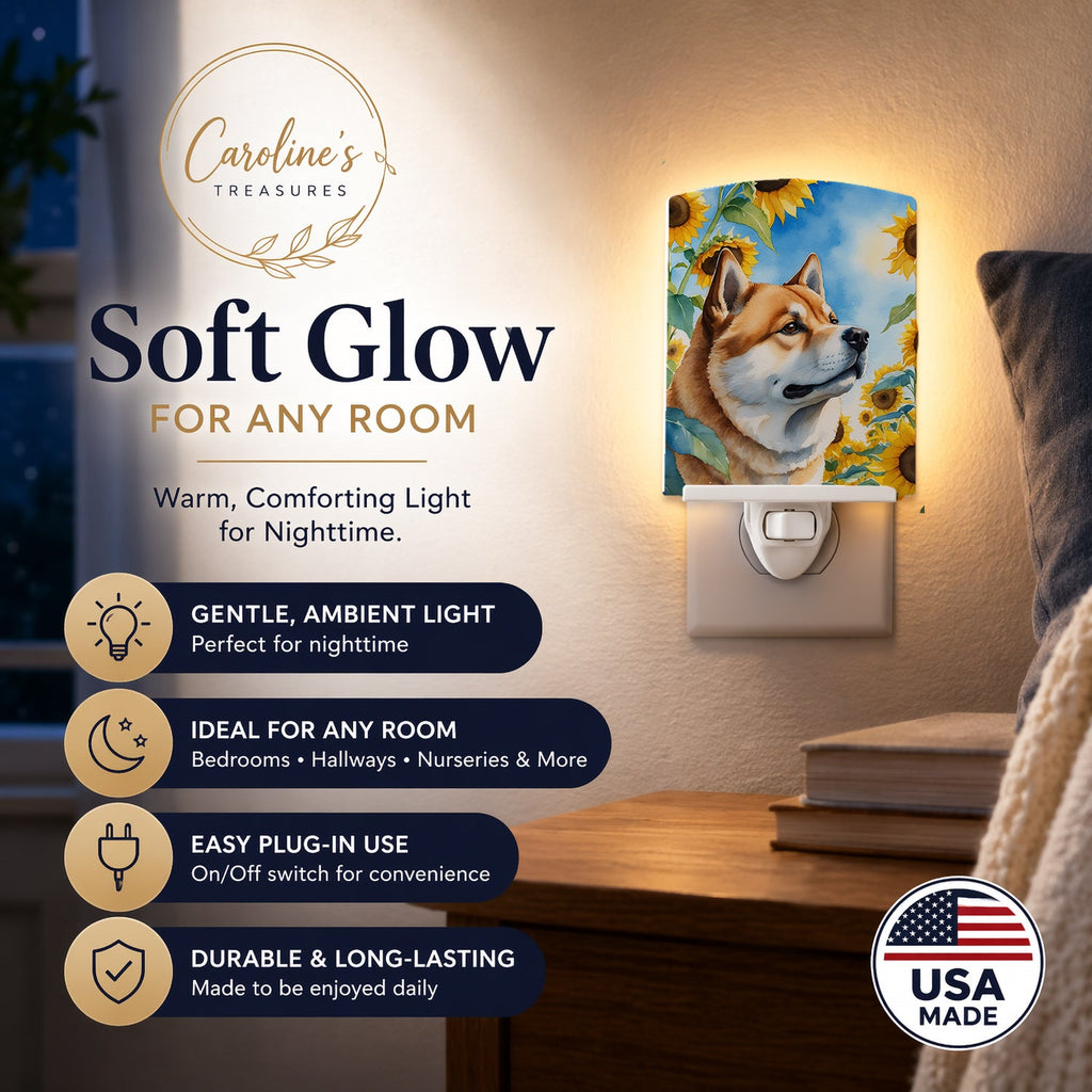 Akita in Sunflowers Ceramic Night Light Compact, UL-Certified, Ideal for Bedroom, Bathroom, Nursery, Hallway, Kitchen, 6x4x3, Multicolor