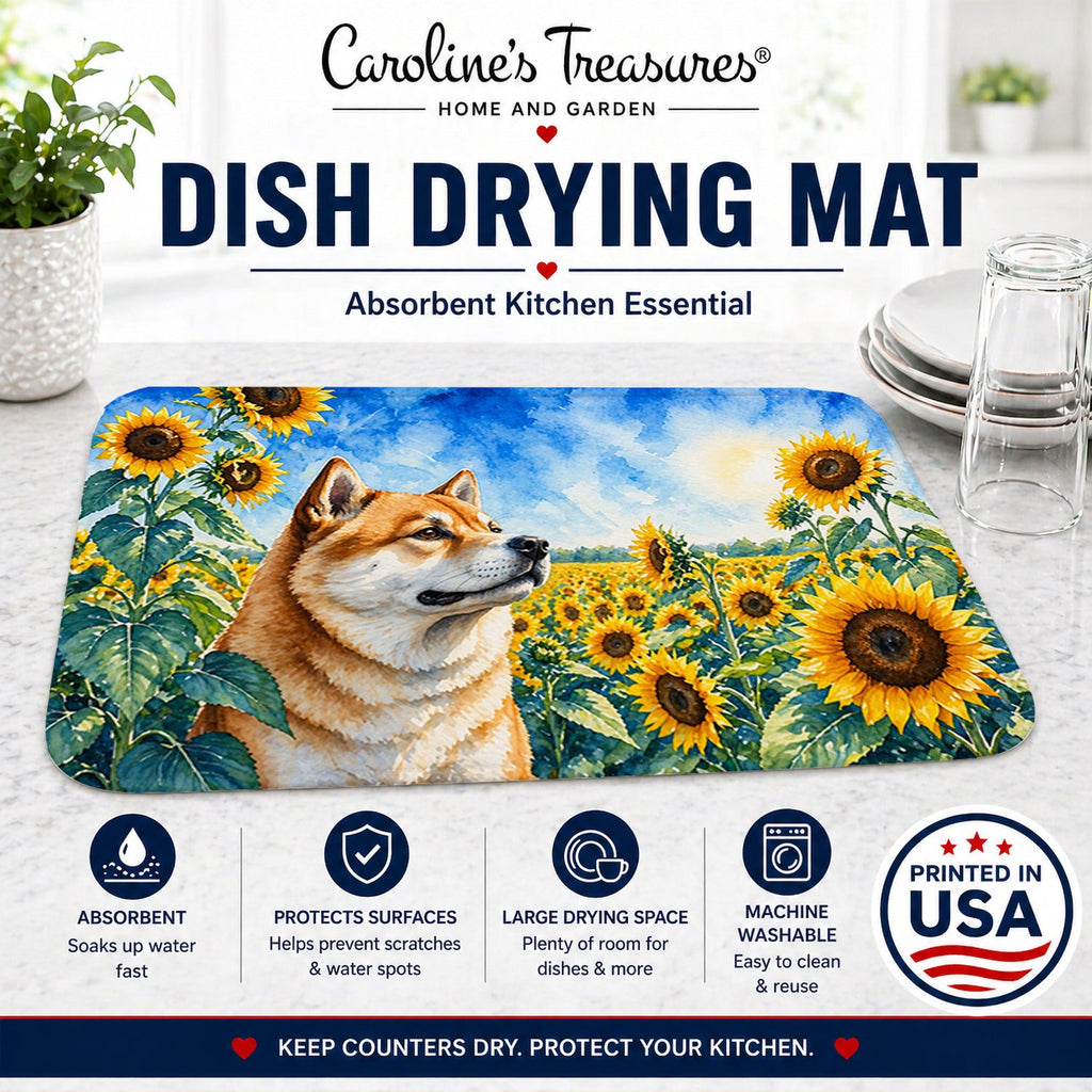 Akita in Sunflowers Dish Drying Mat Absorbent Dish Drying Mat Pad for Kitchen Counter Dish Drainer Mat for Countertop, 14 x 21", Multicolor