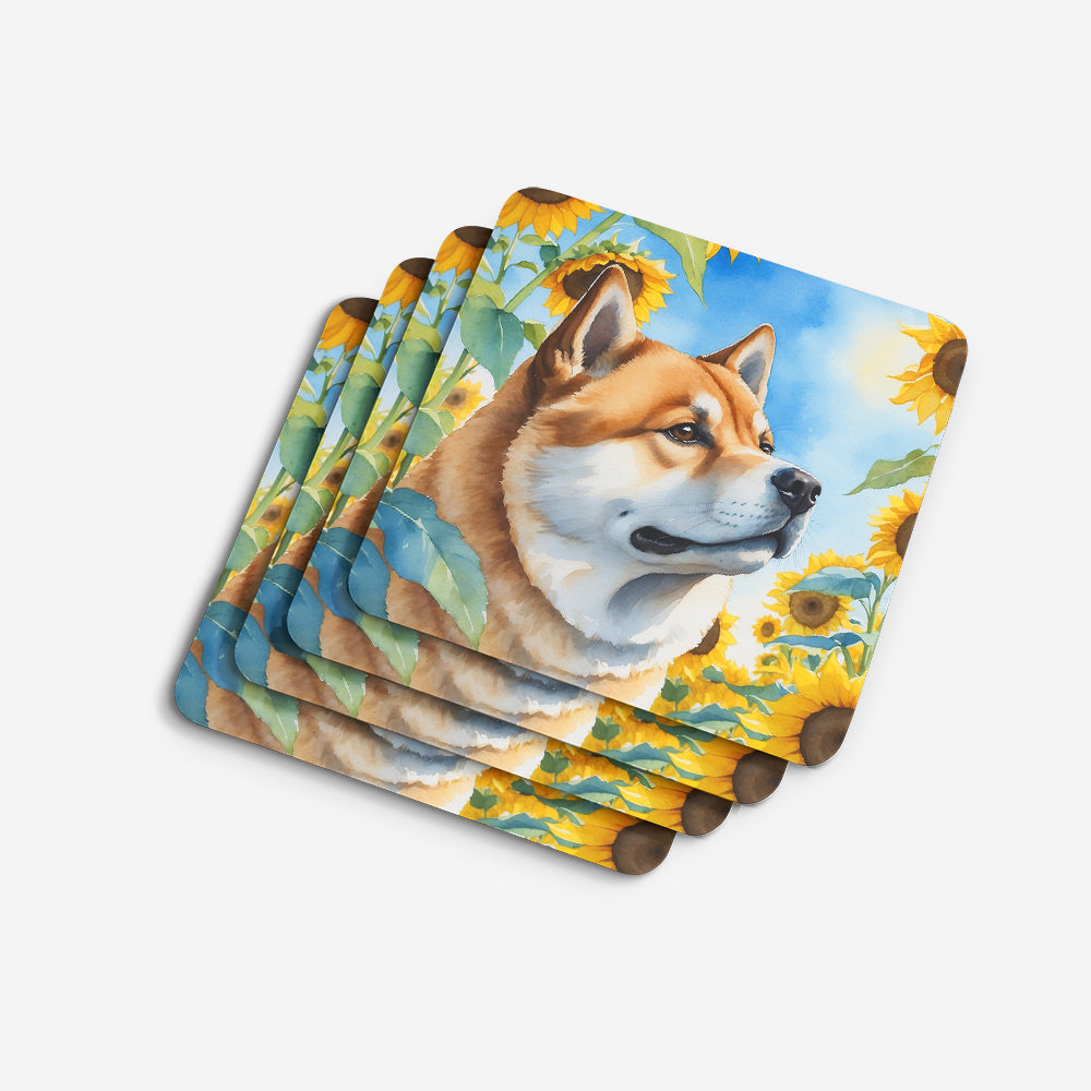 Akita in Sunflowers Foam Coasters Set of 4 Cup Coasters for Indoor Outdoor, Tabletop Protection, Anti Slip, Mouse pad Material