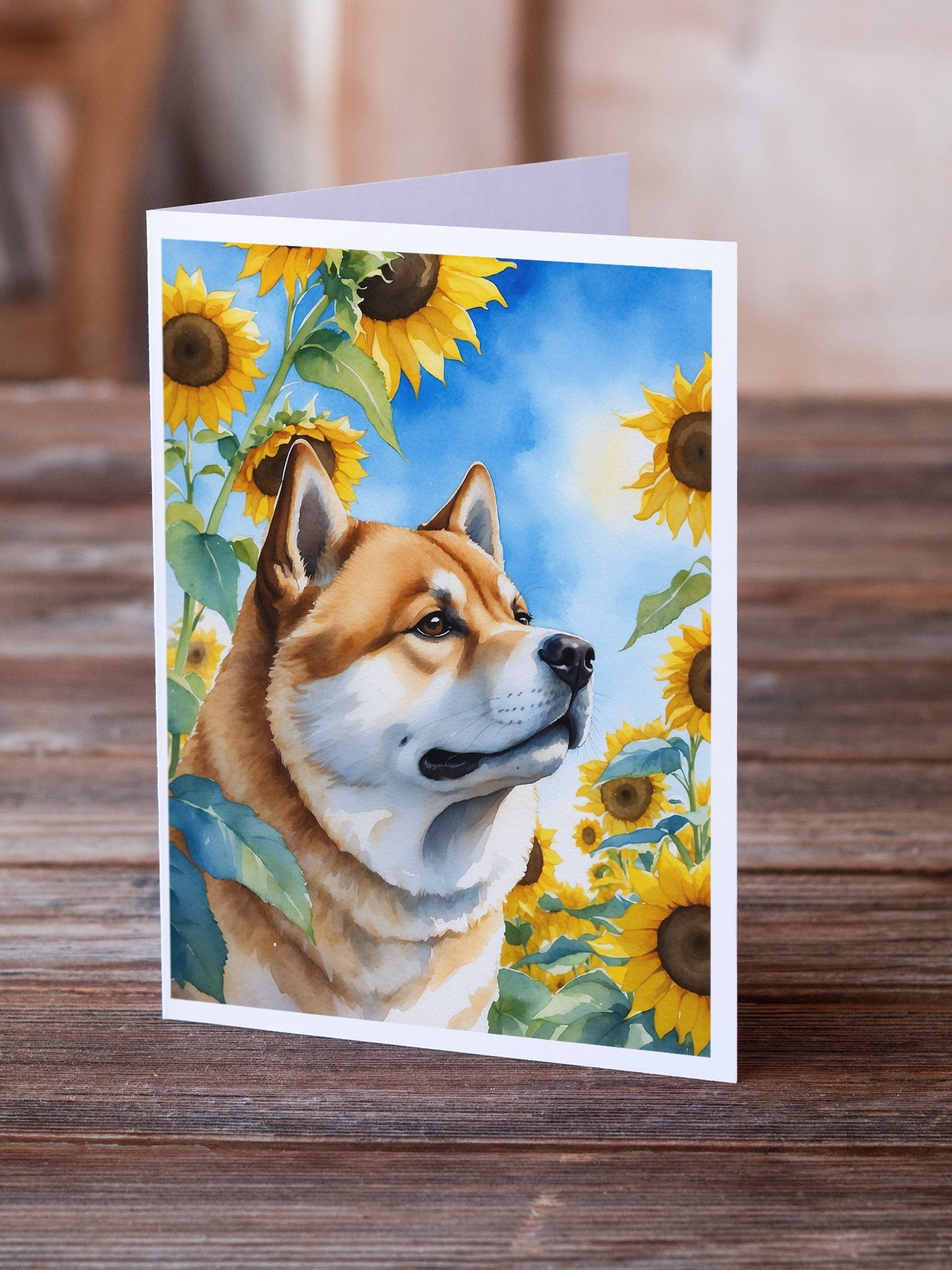 Akita in Sunflowers Greeting Cards Pack of 8 Blank Cards with Envelopes Whimsical A7 Size 5x7