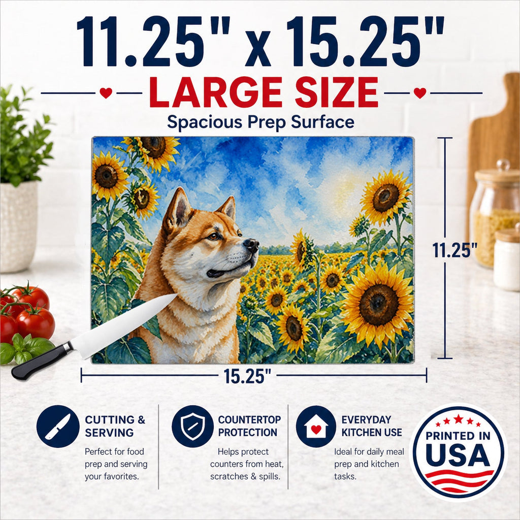 Akita in Sunflowers Cutting Board Tempered Glass Kitchen Cutting Surface, Heat Resistant Chopping Board with Non-Slip Feet, Decorative Food Prep & Serving