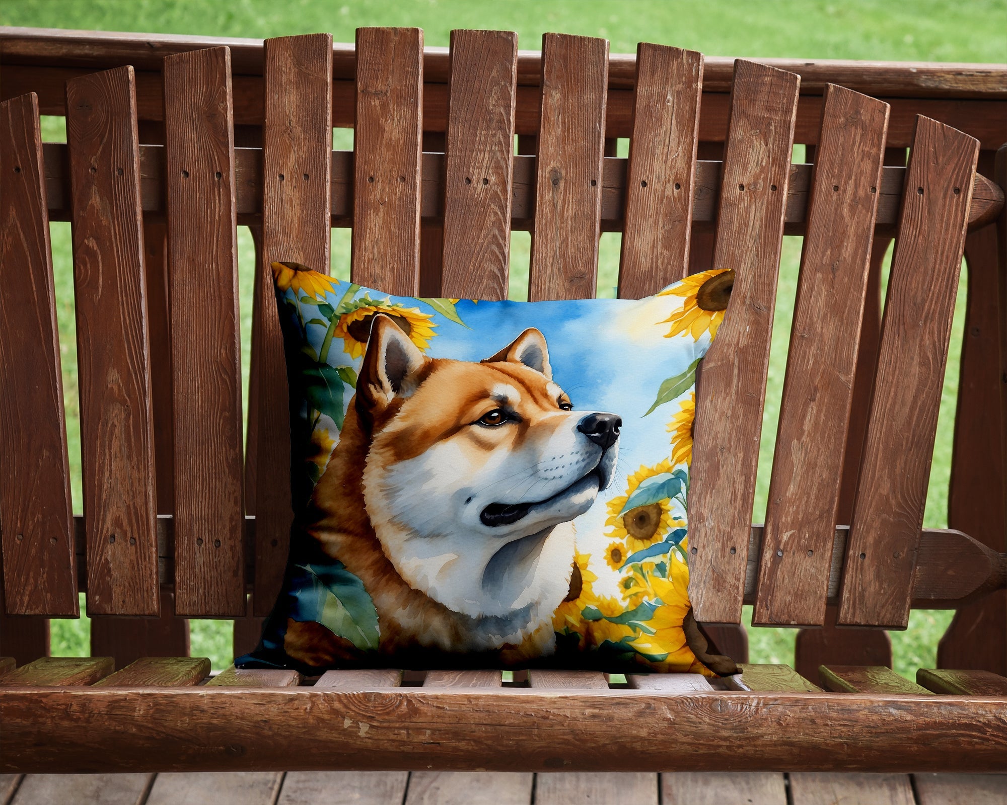 Akita in Sunflowers Decorative Throw Pillow 14x14 Indoor Outdoor Accent Cushion, Fabric Cover with Insert for Sofa, Bed, Porch & Living Room